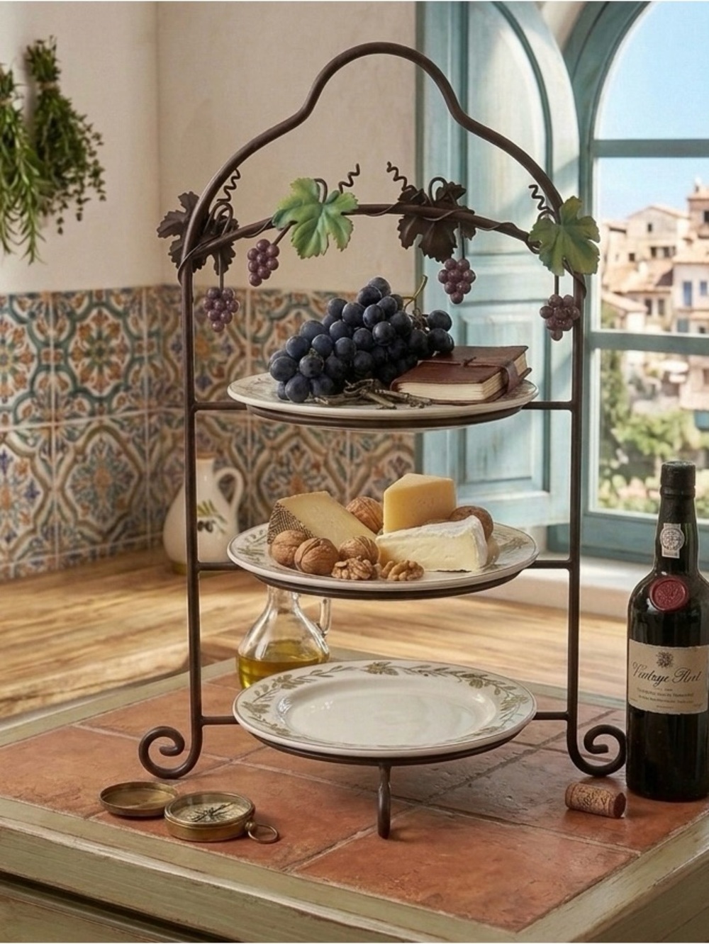 3 Tier Metal Dessert Plate Holder Grape Vine Design Brown Iron 21”.